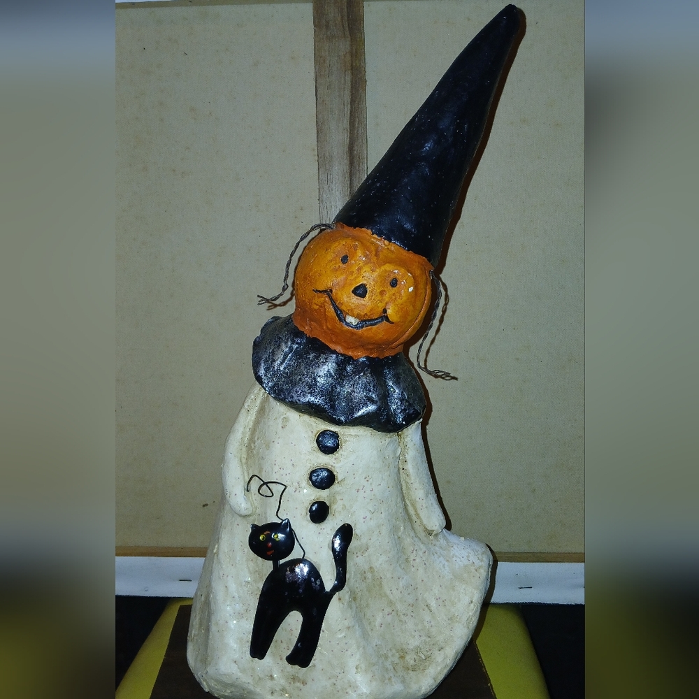 Halloween Cute Whimsical Pumpkin Ghost Figurine With Black Cat made of Resin